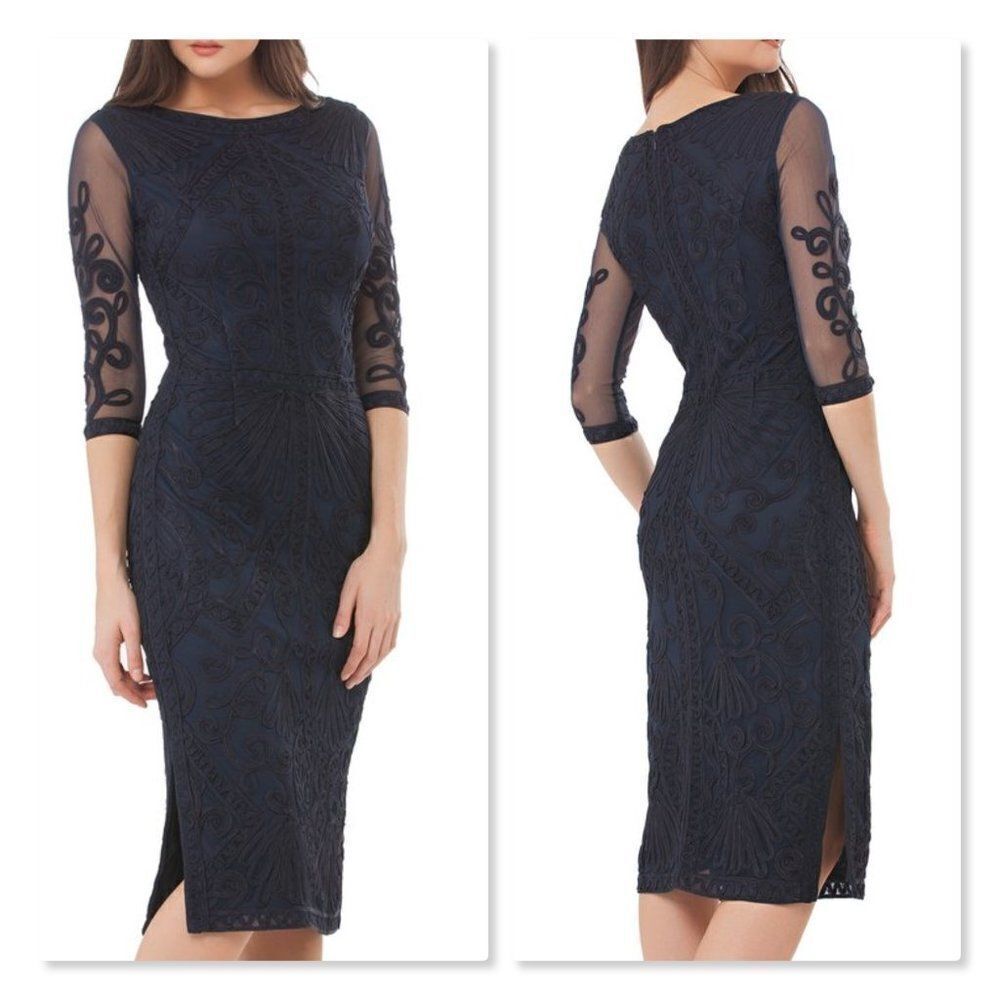 JS Collections Sheer Sleeve Soutache Sheath Dress